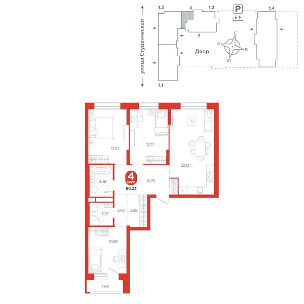 Новая 4-к квартира
 86.23 м² на 9/25 этаже в ЖК «Тёплые кварталы» в городе Тюмень 