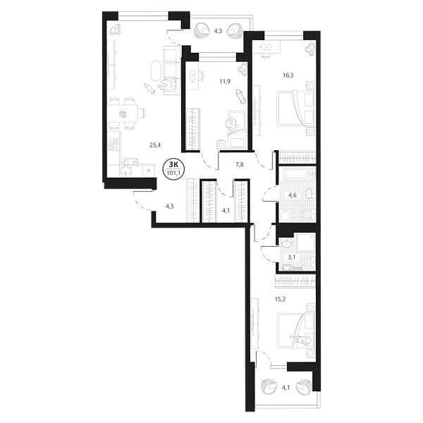 Новая 3-к квартира
 101.1 м² на 3/22 этаже в ЖК «Маэстро» в городе Тюмень 