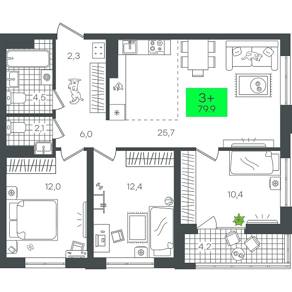 Количество комнат: 3,  79.9 кв.м.