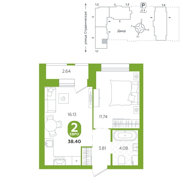 Новая 2-к квартира
 38.4 м² на 5/25 этаже в ЖК «Тёплые кварталы» в городе Тюмень 