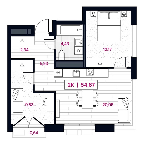 Новая 2-к квартира
 54.93 м² на 10/16 этаже в ЖК «Пушкина» в городе Тюмень 