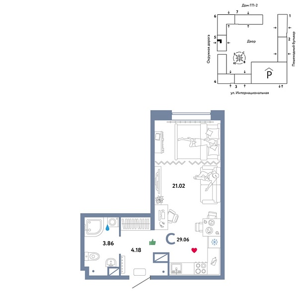 Новая квартира-студия
 29.06 м² на 3/16 этаже в ЖК «Юнион» в городе Тюмень 