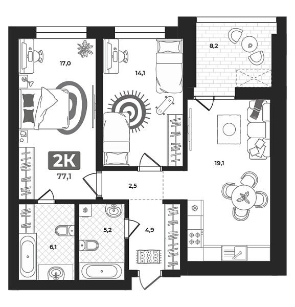 Новая 2-к квартира
 77.1 м² на 9/23 этаже в ЖК «Маэстро» в городе Тюмень 