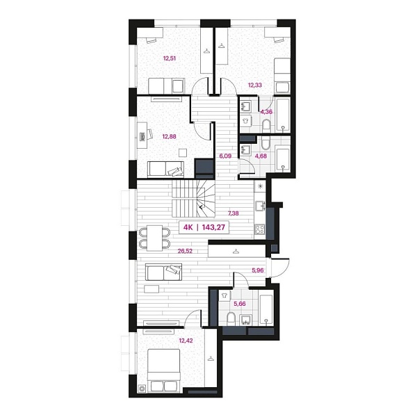 Новая 4-к квартира
 144.82 м² на 15/16 этаже в ЖК «Пушкина» в городе Тюмень 