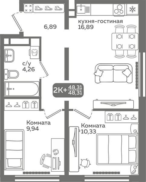 Новая 2-к квартира
 48.31 м² на 18/21 этаже в ЖК «Меридиан Слобода» в городе Тюмень 