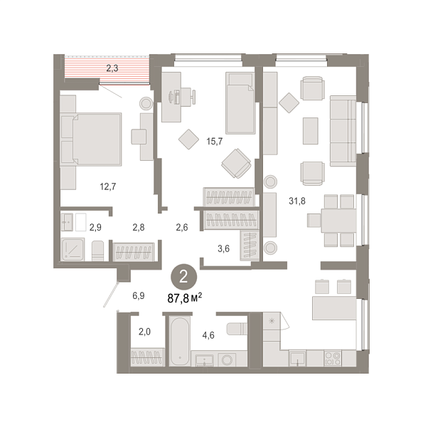Новая 2-к квартира
 87.81 м² на 11/17 этаже в ЖК «Октябрьский на Туре» в городе Тюмень 