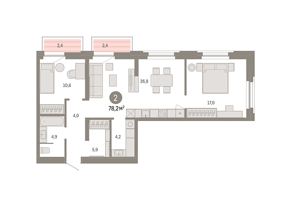 Новая 2-к квартира
 78.19 м² на 5/9 этаже в ЖК «Зарека» в городе Тюмень 
