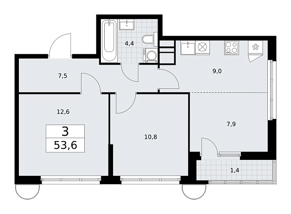 Новая 3-к квартира
 53.6 м² на 7/10 этаже в ЖК «Родные кварталы» в городе Тюмень 