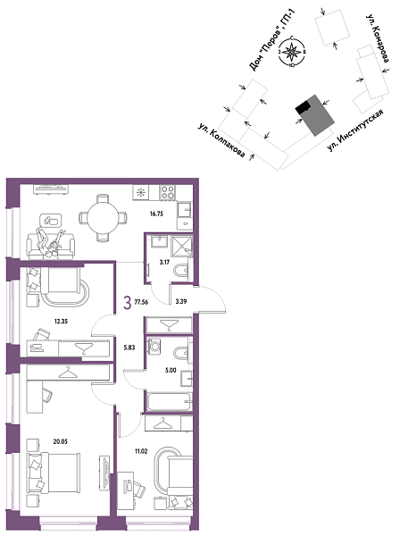 Новая 3-к квартира
 77.56 м² на 11/25 этаже в ЖК «Страна.Парковая» в городе Тюмень 
