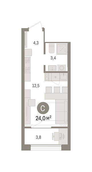 Новая квартира-студия
 23.97 м² на 16/17 этаже в ЖК «Октябрьский на Туре» в городе Тюмень 