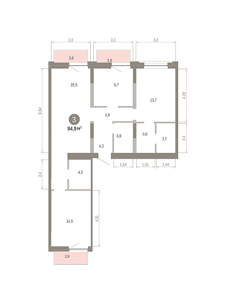 Количество комнат: 3,  94.86 кв.м.