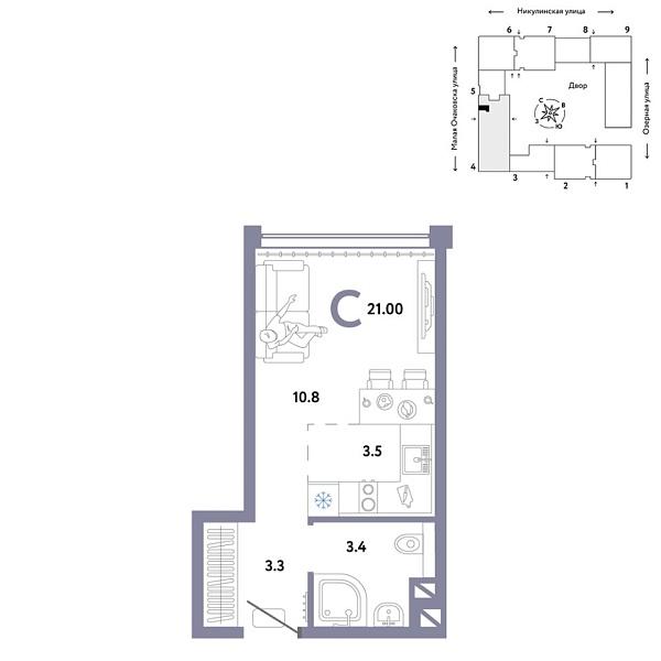 Новая квартира-студия
 21 м² на 10/30 этаже в ЖК «Страна.Озёрная» в городе Тюмень 