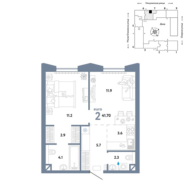 Новая 2-к квартира
 41.7 м² на 6/30 этаже в ЖК «Страна.Озёрная» в городе Тюмень 