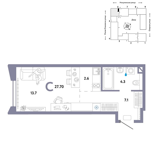 Новая квартира-студия
 27.7 м² на 19/30 этаже в ЖК «Страна.Озёрная» в городе Тюмень 