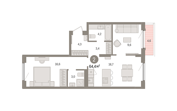 Новая 2-к квартира
 64.2 м² на 8/8 этаже в ЖК «Зарека» в городе Тюмень 