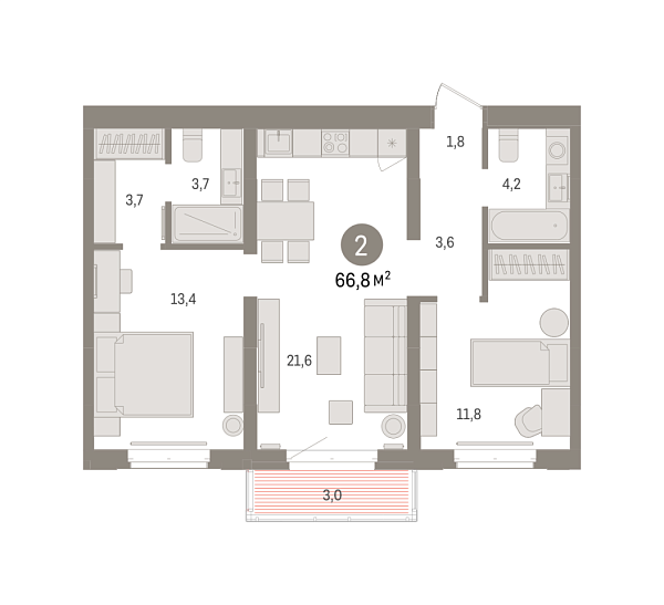 Новая 2-к квартира
 66.79 м² на 5/8 этаже в ЖК «Кварталы «На Минской»» в городе Тюмень 