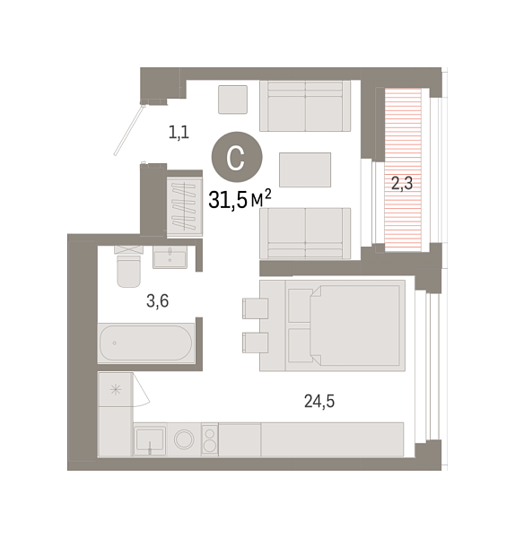 Новая квартира-студия
 31.46 м² на 13/25 этаже в ЖК «Зарека» в городе Тюмень 