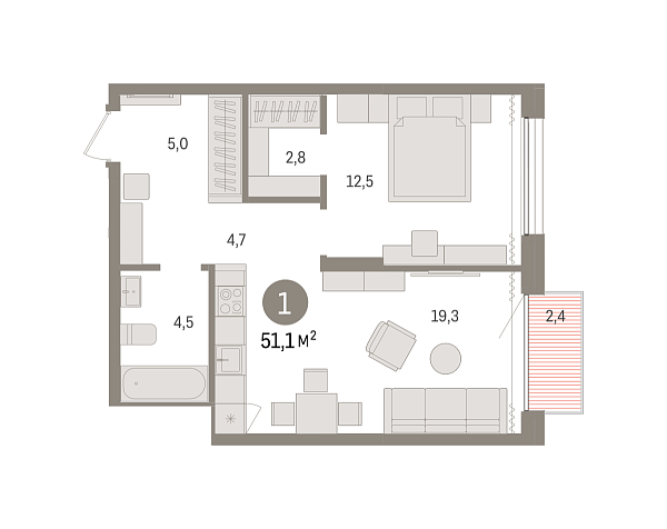 Новая 1-к квартира
 51.05 м² на 14/17 этаже в ЖК «Октябрьский на Туре» в городе Тюмень 