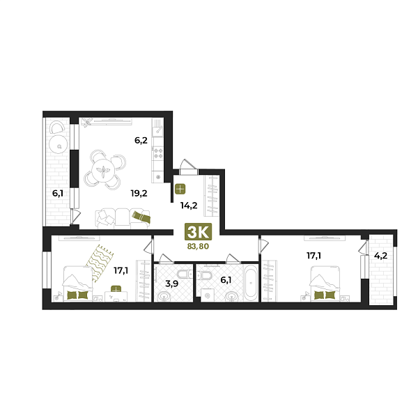Новая 3-к квартира
 94.1 м² на 2/15 этаже в ЖК «Опера» в городе Тюмень 