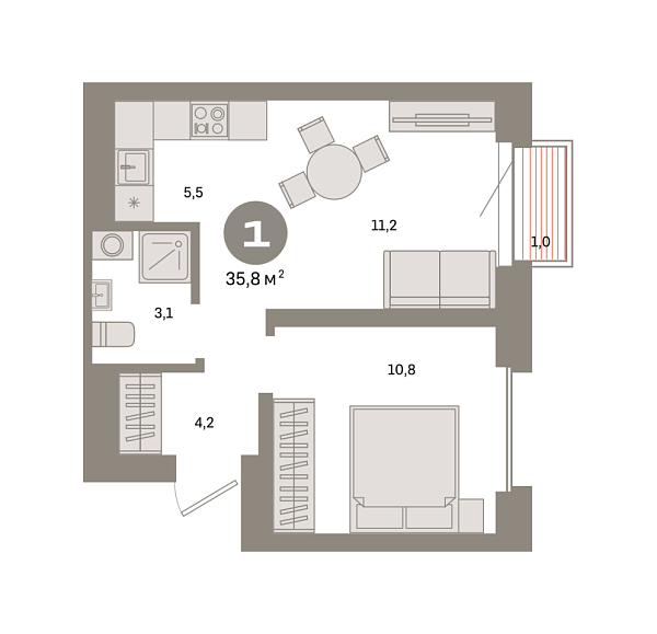 Новая 1-к квартира
 35.8 м² на 18/31 этаже в ЖК «Квартал «Метроном»» в городе Тюмень 