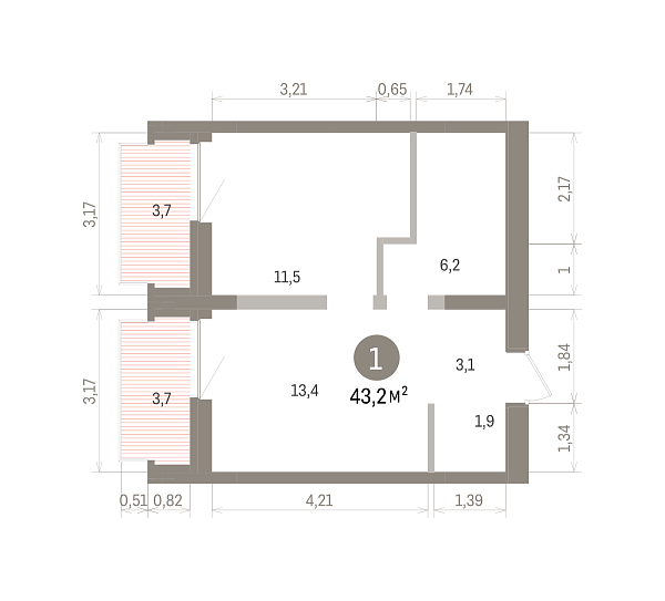 Количество комнат: 1,  43.1 кв.м.