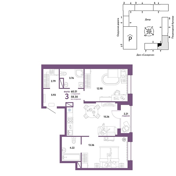 Новая 3-к квартира
 60.51 м² на 12/16 этаже в ЖК «Юнион» в городе Тюмень 