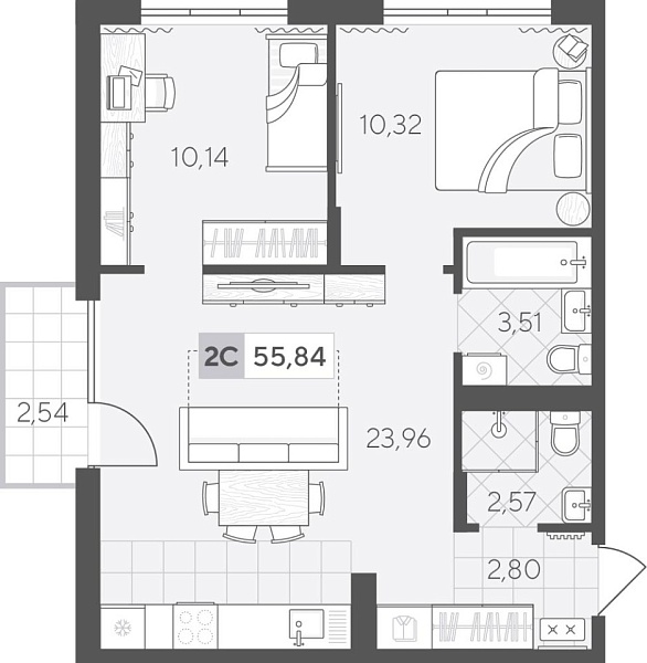 Новая 2-к квартира
 55.84 м² на 4/4 этаже в ЖК «Скандиа. Квартал у Озера» в городе Тюмень 