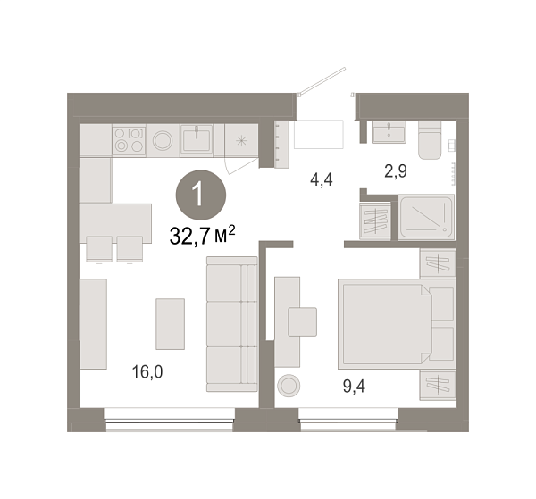 Новая 1-к квартира
 32.67 м² на 2/9 этаже в ЖК «Октябрьский на Туре» в городе Тюмень 