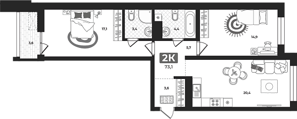 Новая 2-к квартира
 73.1 м² на 2/23 этаже в ЖК «Маэстро» в городе Тюмень 