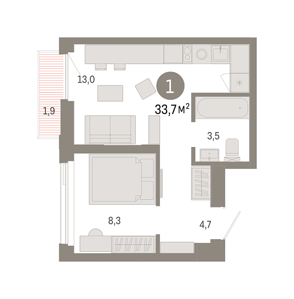 Новая 1-к квартира
 33.71 м² на 20/25 этаже в ЖК «Зарека» в городе Тюмень 