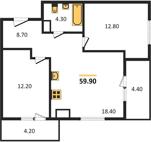 Новая 2-к квартира
 59.9 м² на 23/24 этаже в ЖК «Мята» в городе Тюмень 