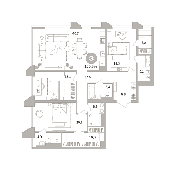 Новая 3-к квартира
 150.32 м² на 18/25 этаже в ЖК «Гоголя 21» в городе Тюмень 