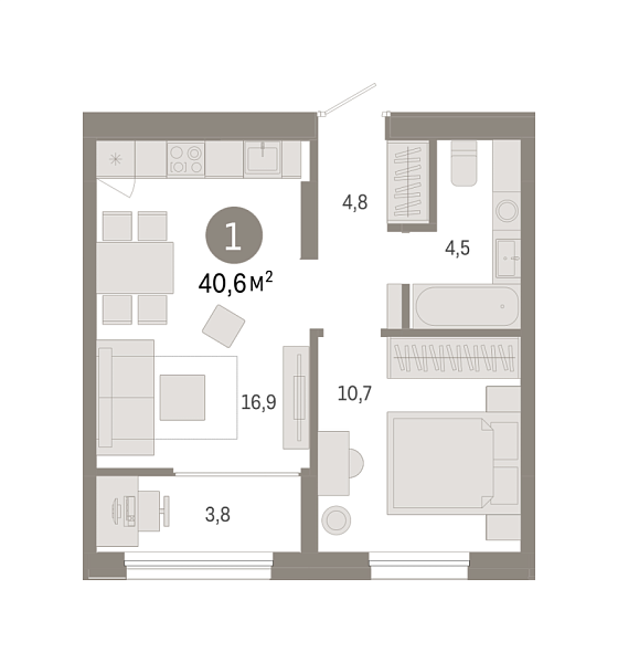 Новая 1-к квартира
 40.59 м² на 6/9 этаже в ЖК «Республики 205» в городе Тюмень 