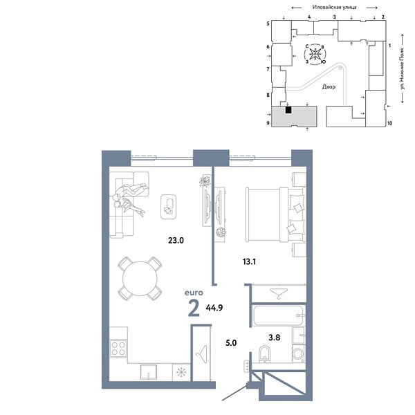 Новая 2-к квартира
 44.9 м² на 26/38 этаже в ЖК «Страна.Заречная» в городе Тюмень 