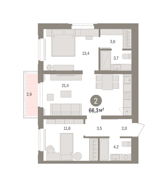 Новая 2-к квартира
 66.34 м² на 5/8 этаже в ЖК «Кварталы «На Минской»» в городе Тюмень 