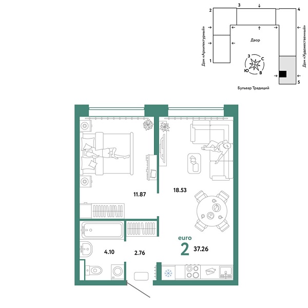 Новая 2-к квартира
 37.26 м² на 8/15 этаже в ЖК «Домашний» в городе Тюмень 