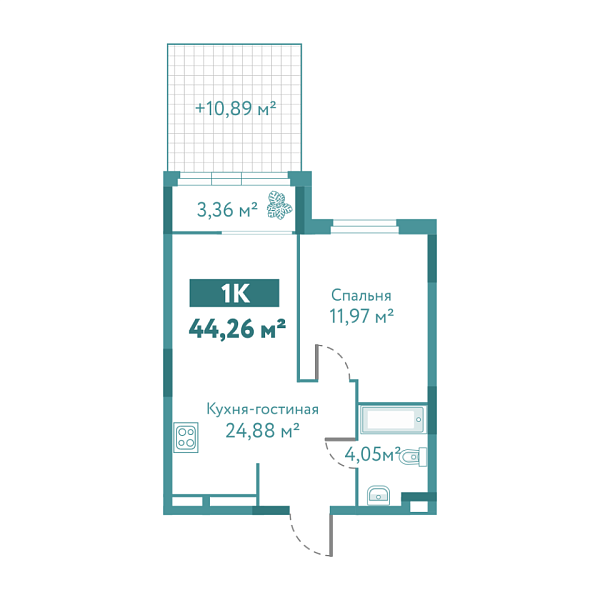 Новая 1-к квартира
 44.26 м² на 1/10 этаже в ЖК «Акватория» в городе Тюмень 