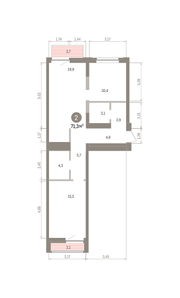 Количество комнат: 2,  71.4 кв.м.