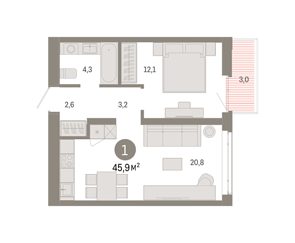 Новая 1-к квартира
 45.89 м² на 5/9 этаже в ЖК «Республики 205» в городе Тюмень 