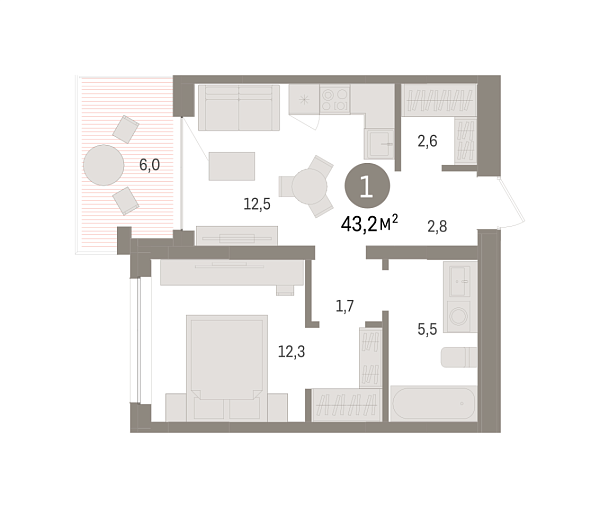 Новая 1-к квартира
 43.17 м² на 2/8 этаже в ЖК «Европейский квартал» в городе Тюмень 