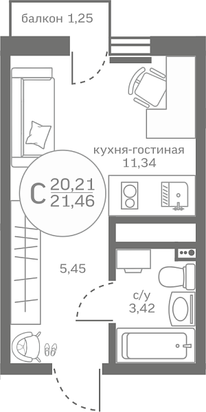 Новая квартира-студия
 20.21 м² на 9/17 этаже в ЖК «Меридиан ЮГ» в городе Тюмень 