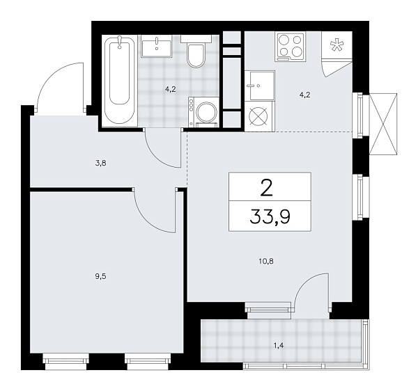 Новая 2-к квартира
 33.9 м² на 16/16 этаже в ЖК «Прокшино» в городе Тюмень 