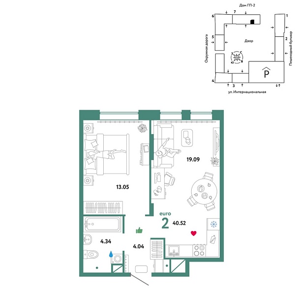 Новая 2-к квартира
 40.52 м² на 9/16 этаже в ЖК «Юнион» в городе Тюмень 