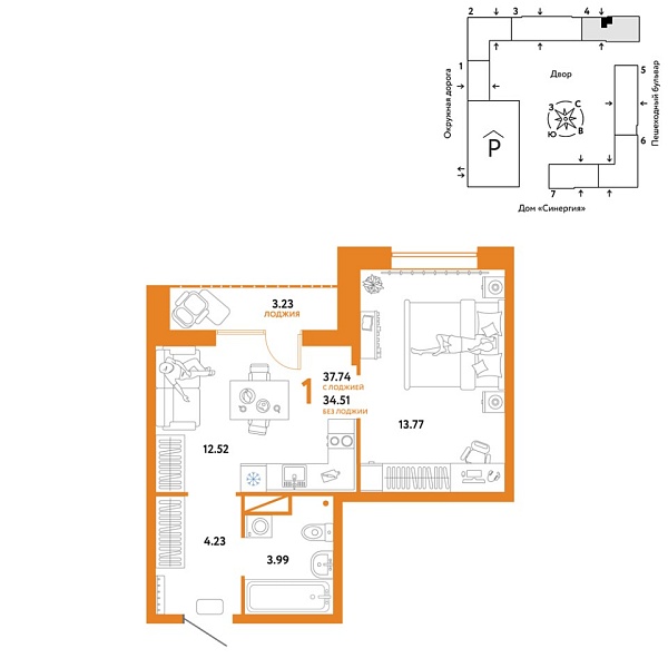 Новая 1-к квартира
 37.74 м² на 3/16 этаже в ЖК «Юнион» в городе Тюмень 