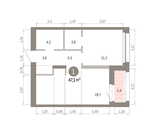 Количество комнат: 1,  47.1 кв.м.
