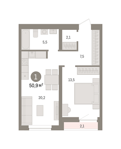 Новая 1-к квартира
 50.9 м² на 9/10 этаже в ЖК «Речной порт» в городе Тюмень 