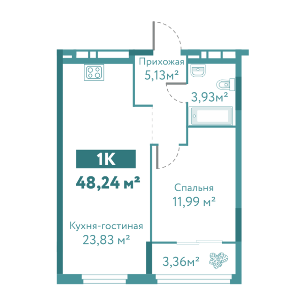 Новая 1-к квартира
 48.24 м² на 7/10 этаже в ЖК «Акватория» в городе Тюмень 