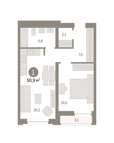 Новая 1-к квартира
 50.9 м² на 7/10 этаже в ЖК «Речной порт» в городе Тюмень 