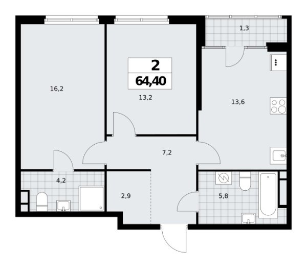 Новая 2-к квартира
 64.4 м² на 13/16 этаже в ЖК «Дом на Зорге» в городе Тюмень 
