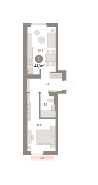 Новая 1-к квартира
 43.33 м² на 2/9 этаже в ЖК «Брусника в Академическом» в городе Тюмень 